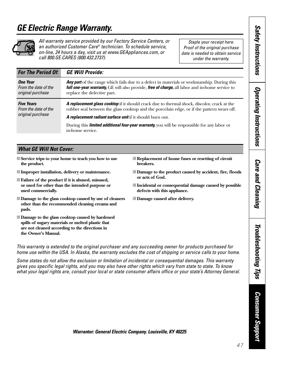 Warranty, Ge electric range warranty | GE JB910 User Manual | Page 47 / 48