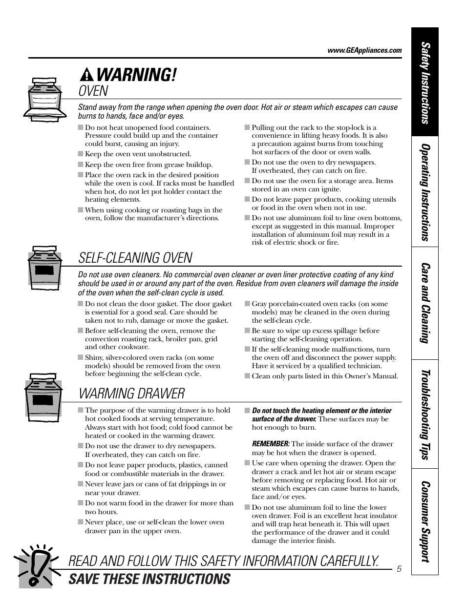 Warning, Save these instructions, Self-cleaning oven | Warming drawer | GE JB910 User Manual | Page 5 / 48