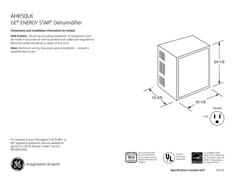 GE AHK50LK User Manual | 2 pages