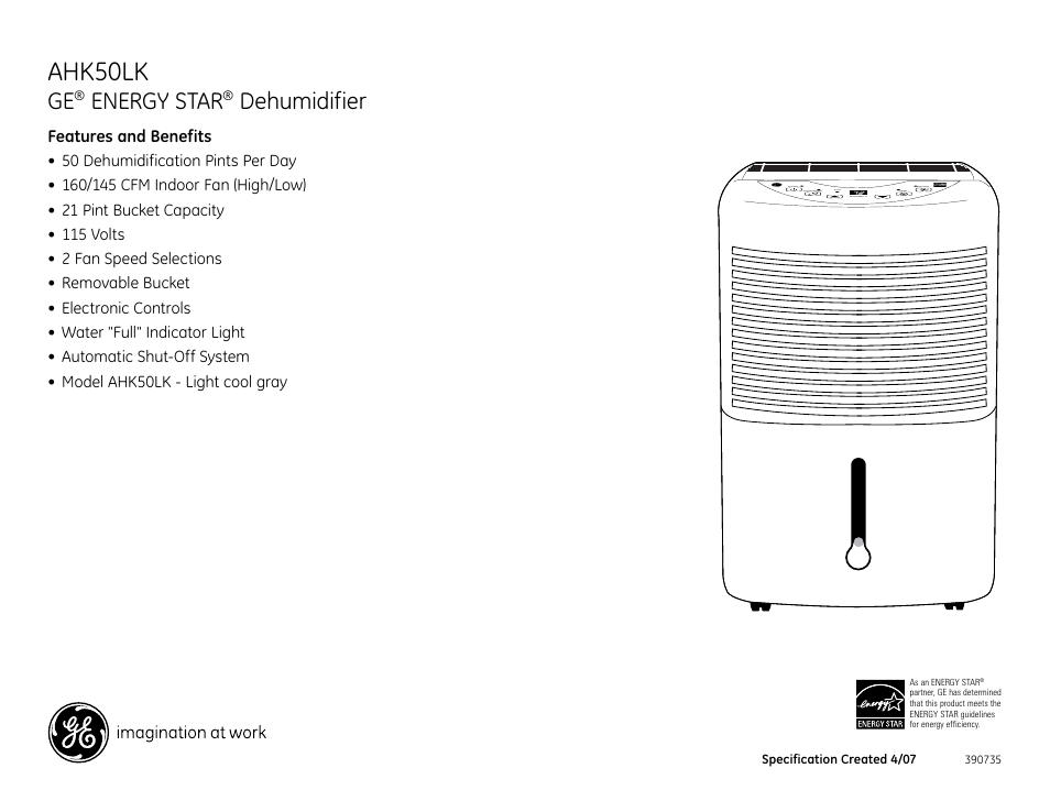 Ahk50lk, Energy star, Dehumidifier | GE AHK50LK User Manual | Page 2 / 2