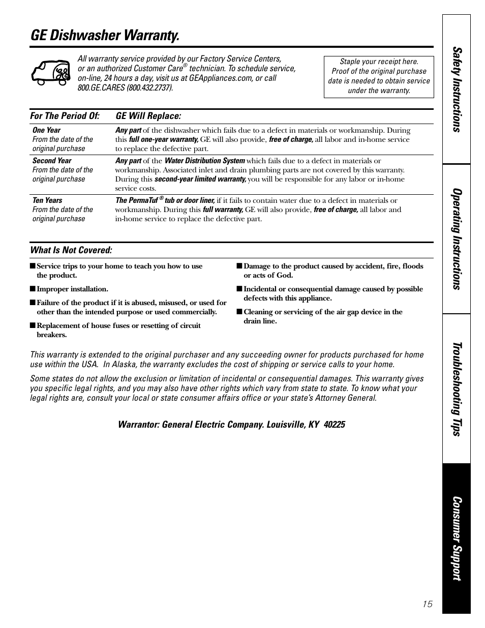 Warranty, Ge dishwasher warranty | GE EDW1500 User Manual | Page 15 / 16