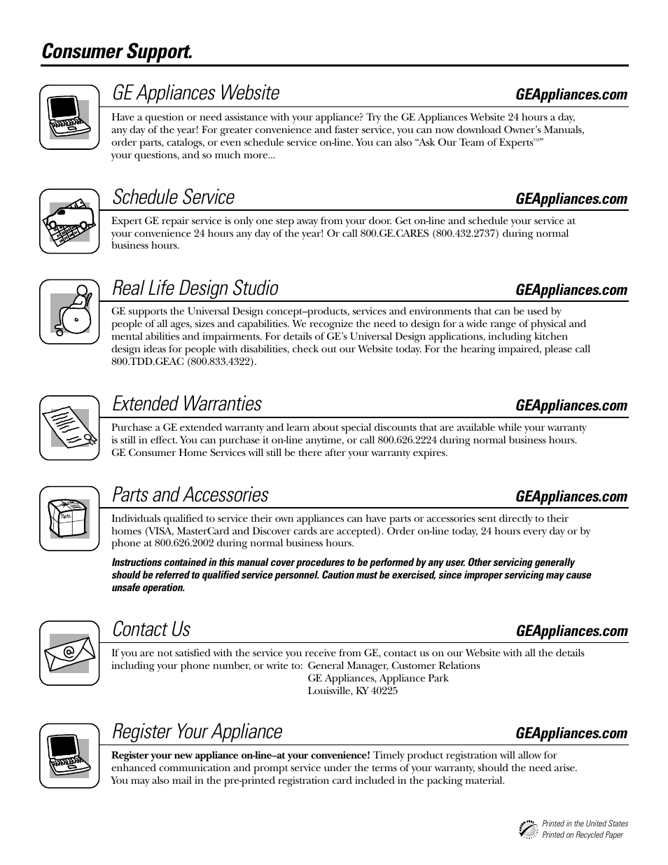 Consumer support, Consumer support . . . . . back cover, Consumer support. ge appliances website | Schedule service, Real life design studio, Extended warranties, Parts and accessories, Contact us, Register your appliance | GE EDW1500 User Manual | Page 16 / 16