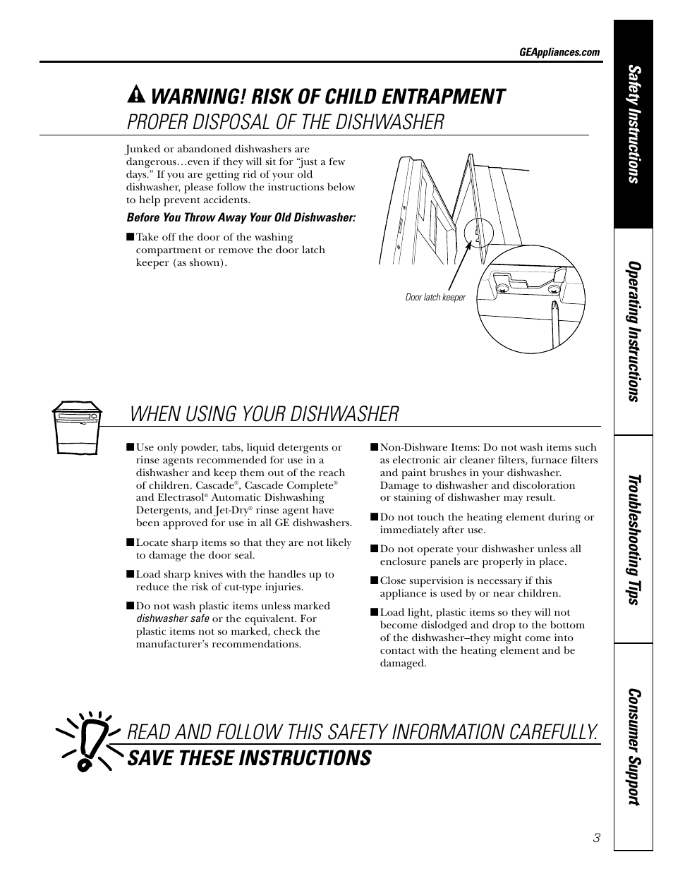 Proper disposal of the dishwasher | GE EDW1500 User Manual | Page 3 / 16