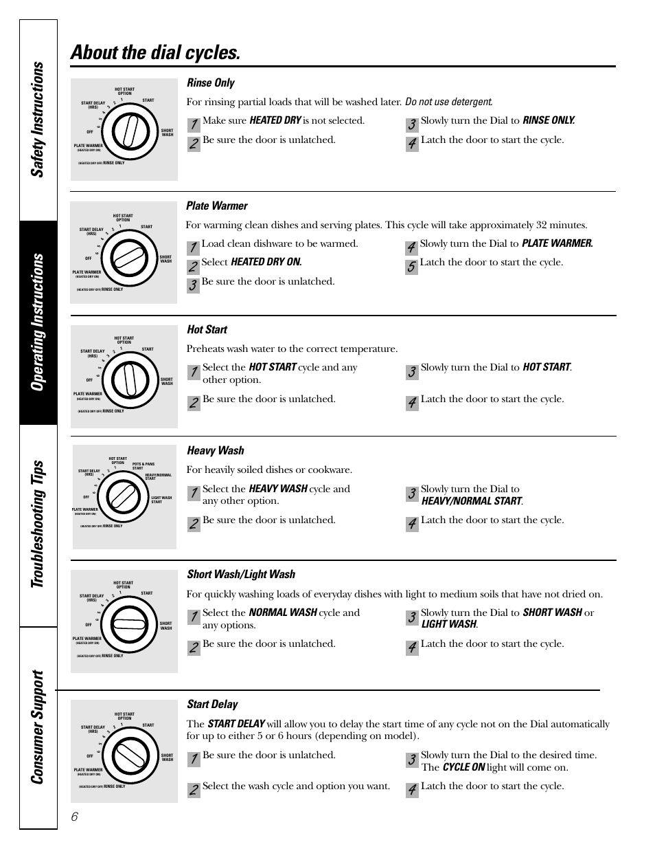 Dial cycles, About the dial cycles, Rinse only | Hot start, Short wash/light wash, Plate warmer, Start delay, Heavy wash | GE EDW1500 User Manual | Page 6 / 16