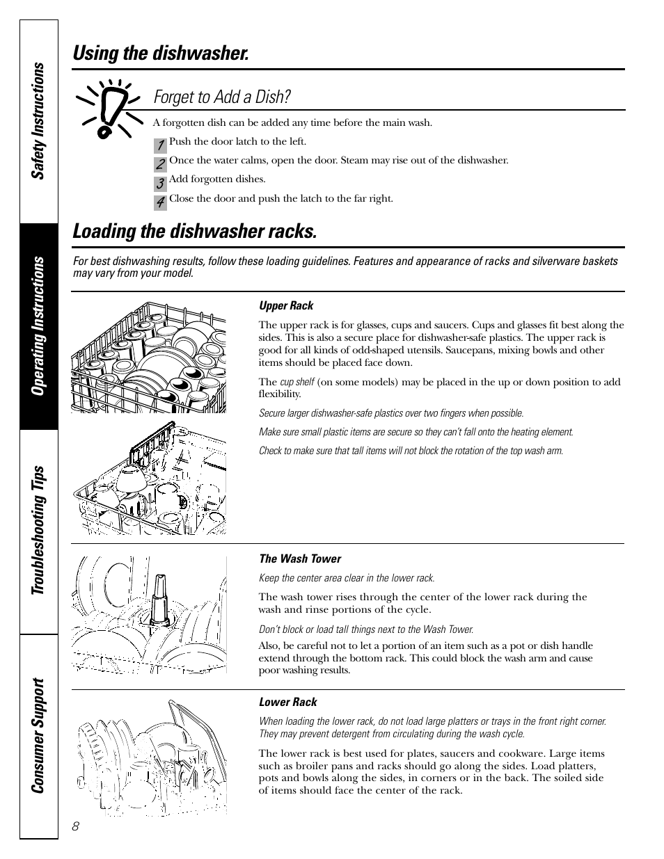 Loading the dishwasher racks, Loading the dishwasher racks , 9, Using the dishwasher | Forget to add a dish | GE EDW1500 User Manual | Page 8 / 16