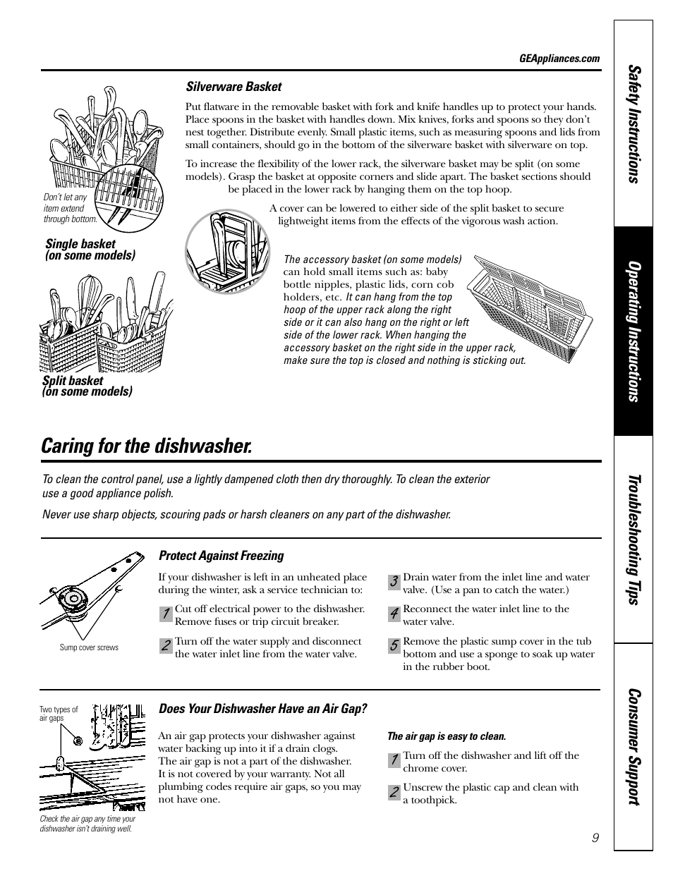 Care and cleaning, Caring for the dishwasher | GE EDW1500 User Manual | Page 9 / 16