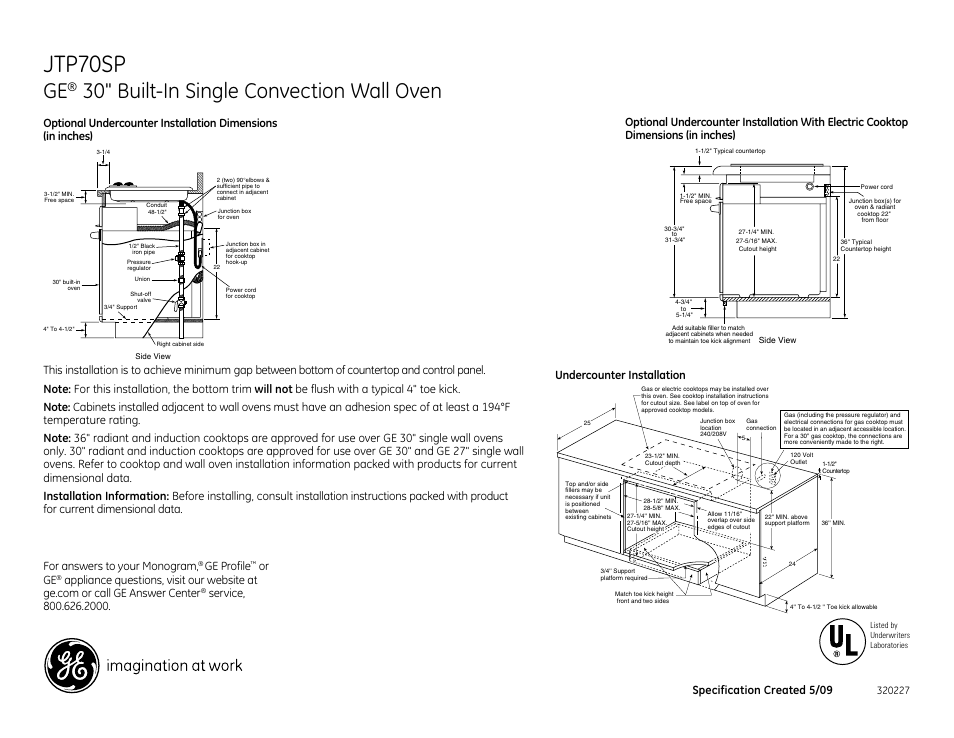 Jtp70sp, 30" built-in single convection wall oven, For answers to your monogram | Ge profile, Or ge, Specification created 5/09 | GE JTP70SP User Manual | Page 2 / 3