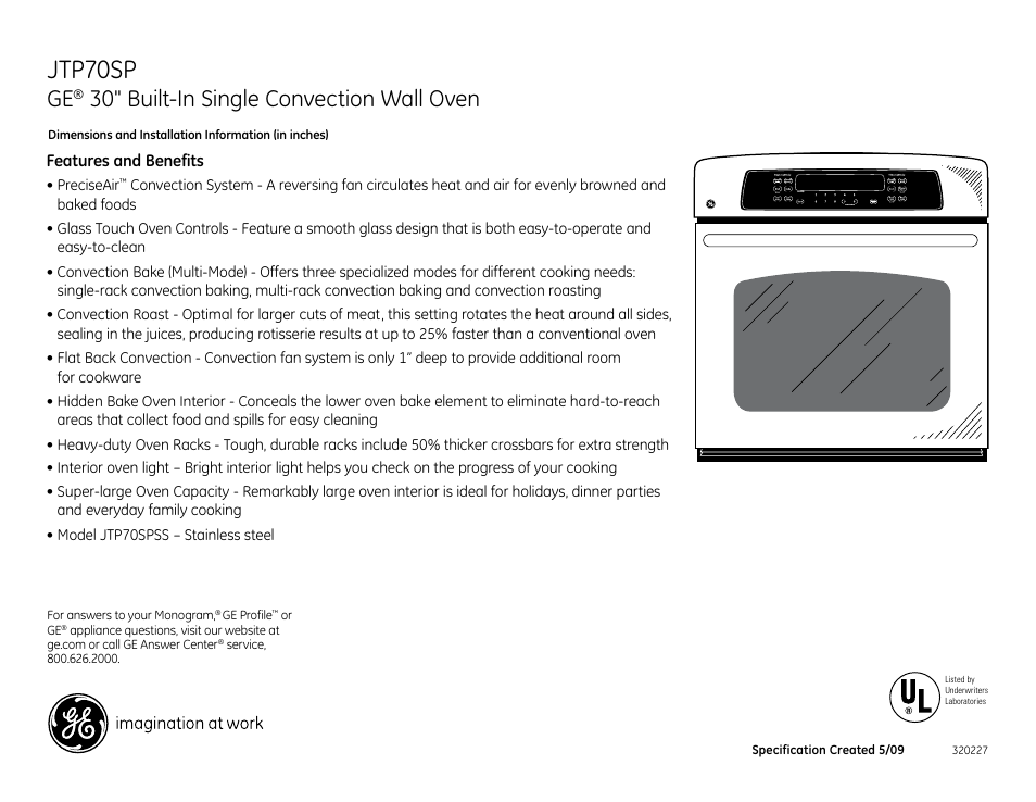 Jtp70sp, 30" built-in single convection wall oven | GE JTP70SP User Manual | Page 3 / 3