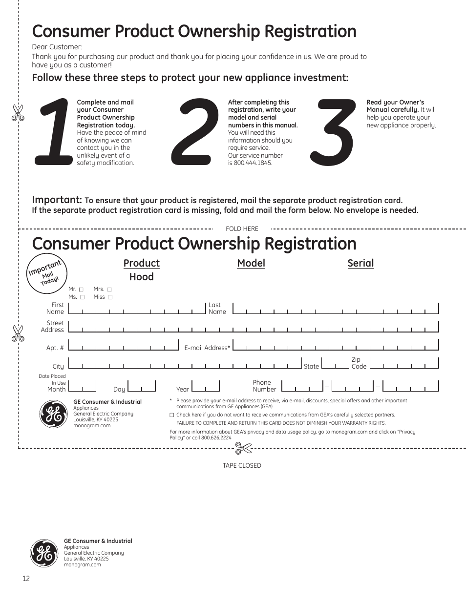 Consumer product ownership registration | GE ZV830 User Manual | Page 12 / 40