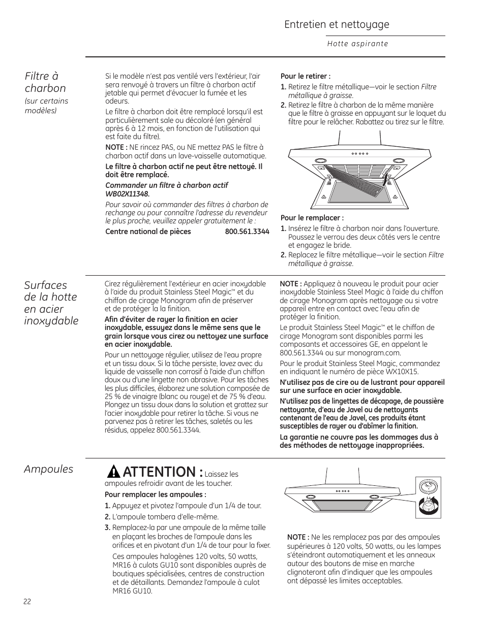 Ampoules, Filtre à charbon, Surfaces de la hotte en acier inoxydable | Ampoules filtre à charbon, Attention | GE ZV830 User Manual | Page 22 / 40