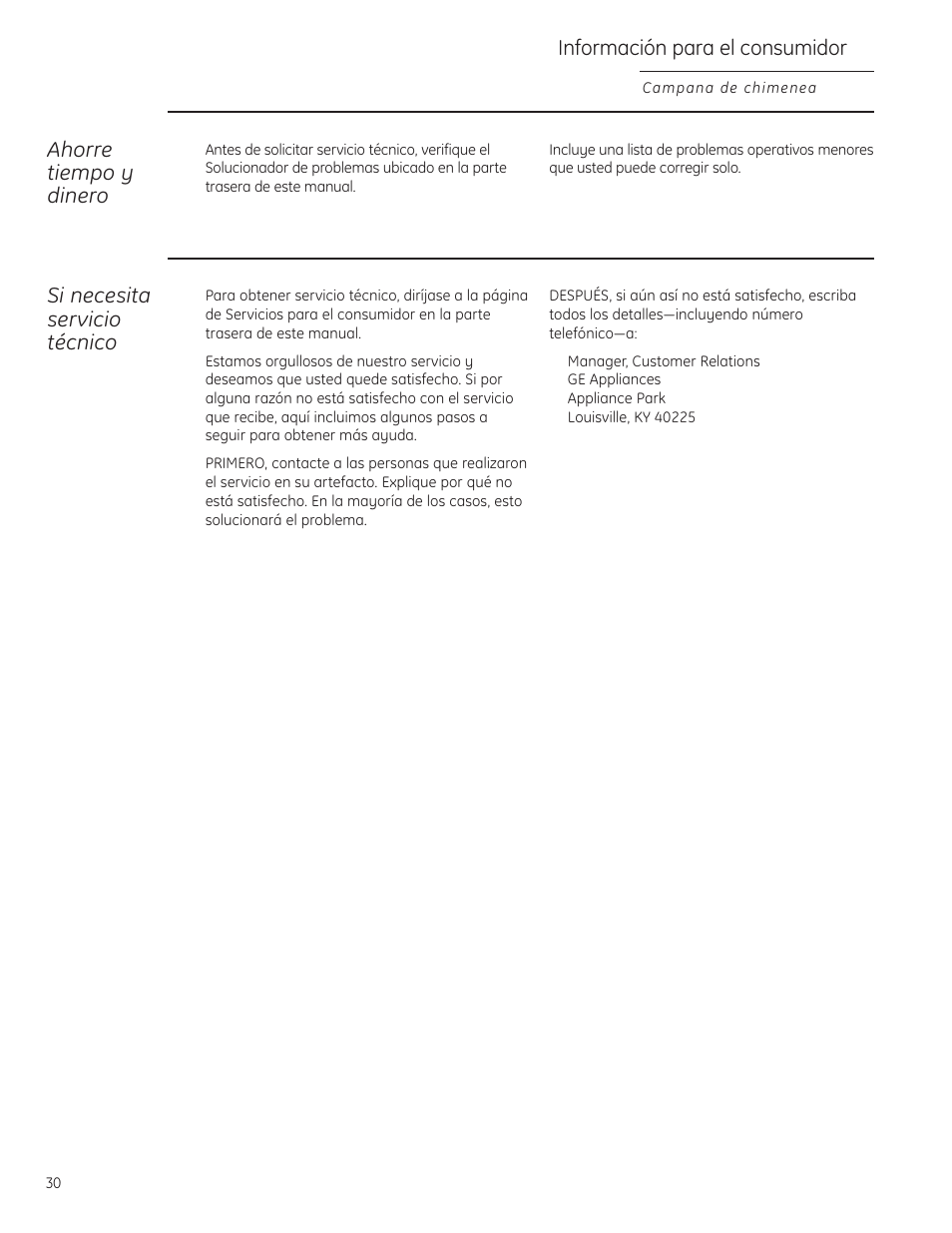 Ahorre tiempo y dinero, Si necesita servicio técnico, Información para el consumidor | GE ZV830 User Manual | Page 30 / 40