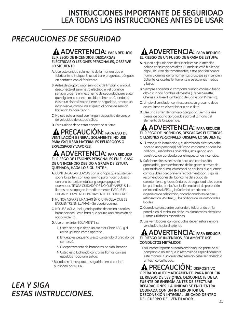 Instrucciones de seguridad, Advertencia, Precaución | GE ZV830 User Manual | Page 31 / 40