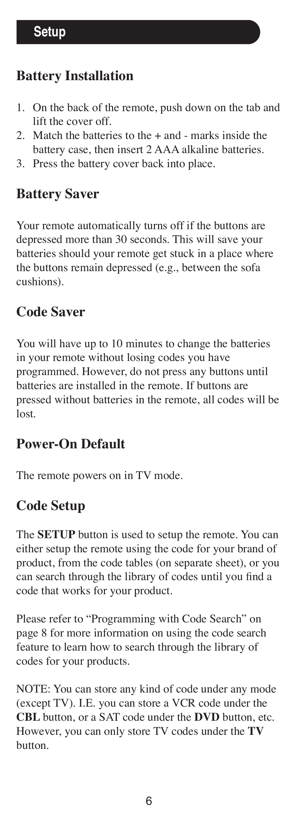 Battery installation, Battery saver, Code saver | Power-on default, Code setup, Setup | GE 24929 User Manual | Page 6 / 16