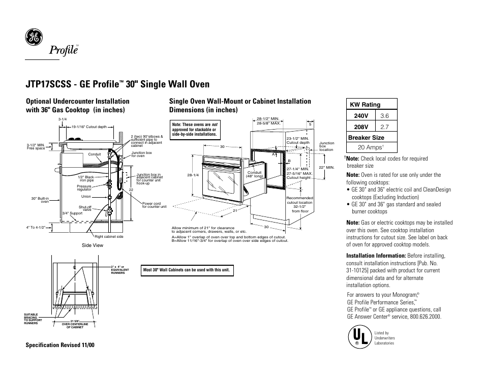 Jtp17scss - ge profile, 30" single wall oven, For answers to your monogram | Ge profile performance series, Ge profile, Or ge appliance questions, call ge answer center | GE Profile JTP17SCSS User Manual | Page 2 / 3