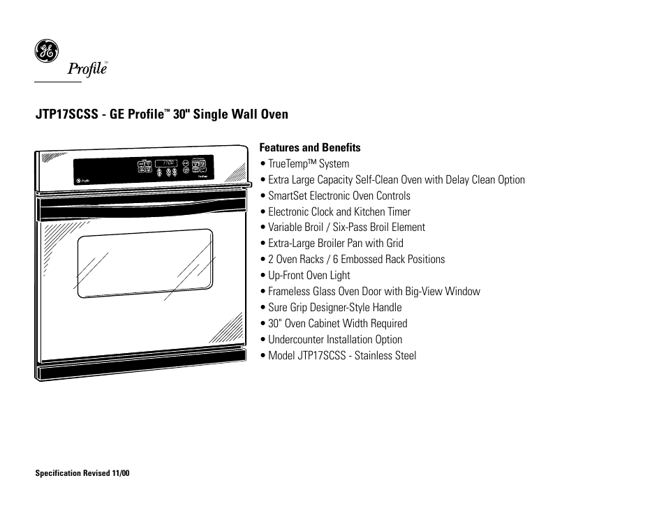 Jtp17scss - ge profile, 30" single wall oven | GE Profile JTP17SCSS User Manual | Page 3 / 3