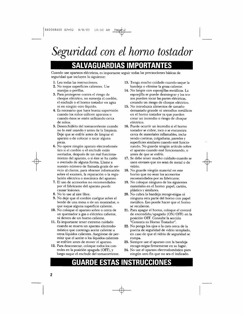 Segundad con el homo tostador, Salvaguardias importantes, Guarde estas instrucciones | GE 106611 User Manual | Page 14 / 24