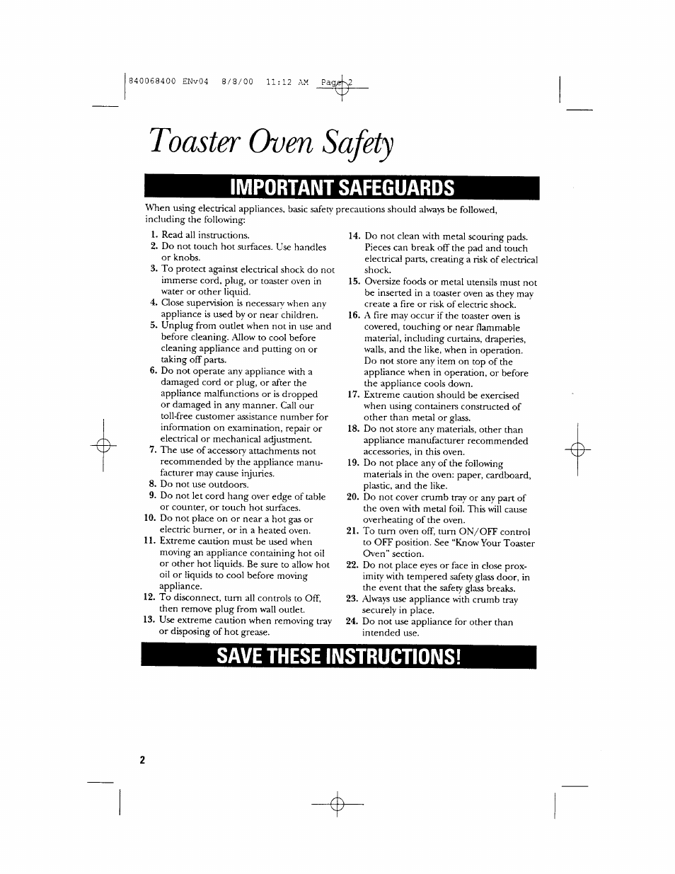 Toaster oven safety, Important safeguards, Save these instructions | GE 106611 User Manual | Page 2 / 24