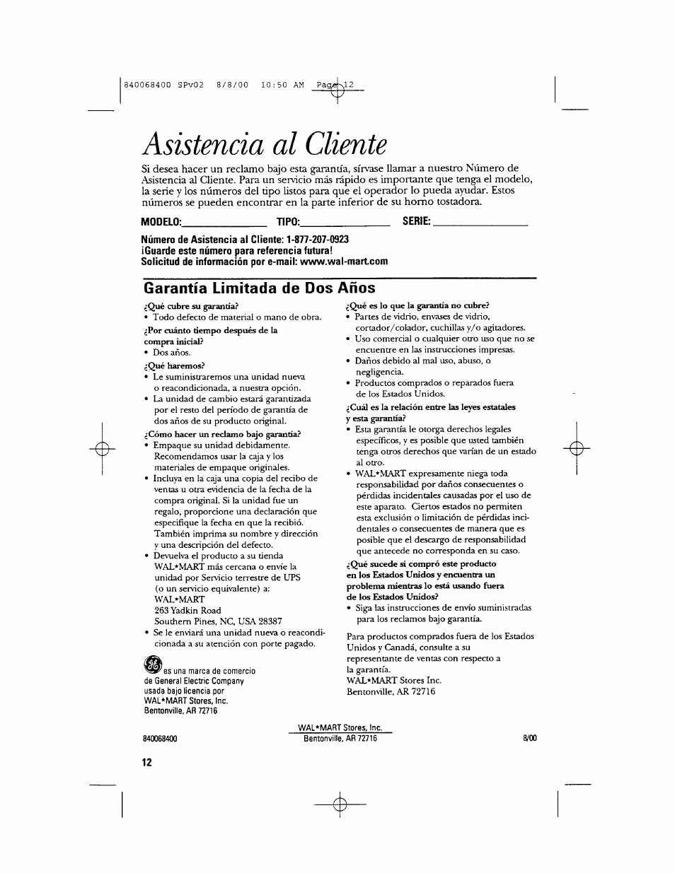 Asistencia al cliente | GE 106611 User Manual | Page 24 / 24