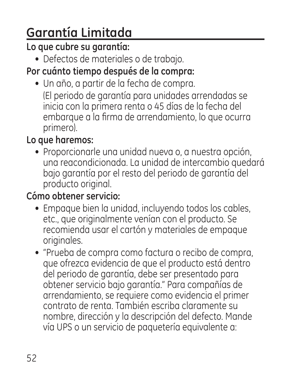 Garantía limitada | GE 00016 User Manual | Page 108 / 112