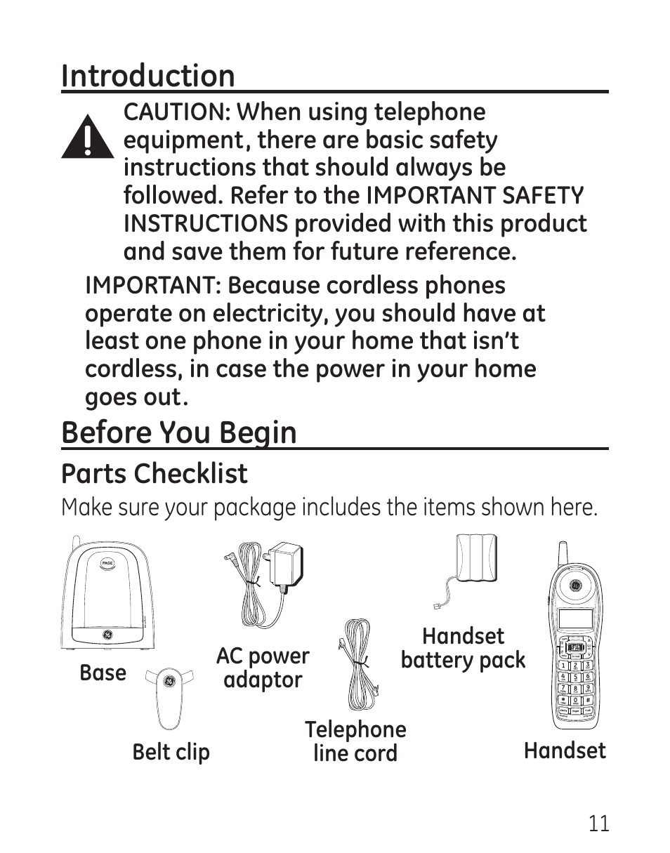 Introduction, Before you begin, Parts checklist | GE 00016 User Manual | Page 11 / 112