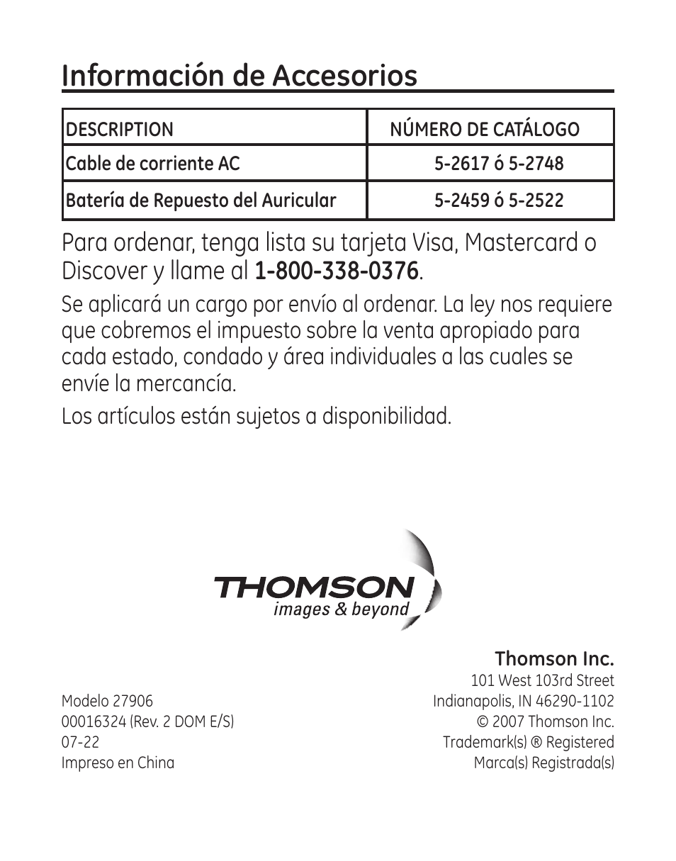 Información de accesorios | GE 00016 User Manual | Page 112 / 112