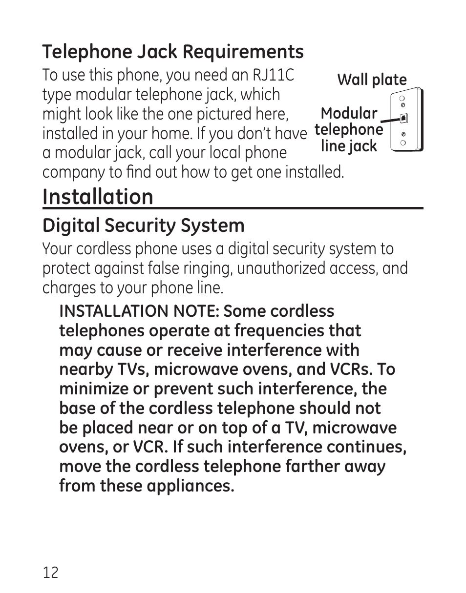Installation, Telephone jack requirements, Digital security system | GE 00016 User Manual | Page 12 / 112