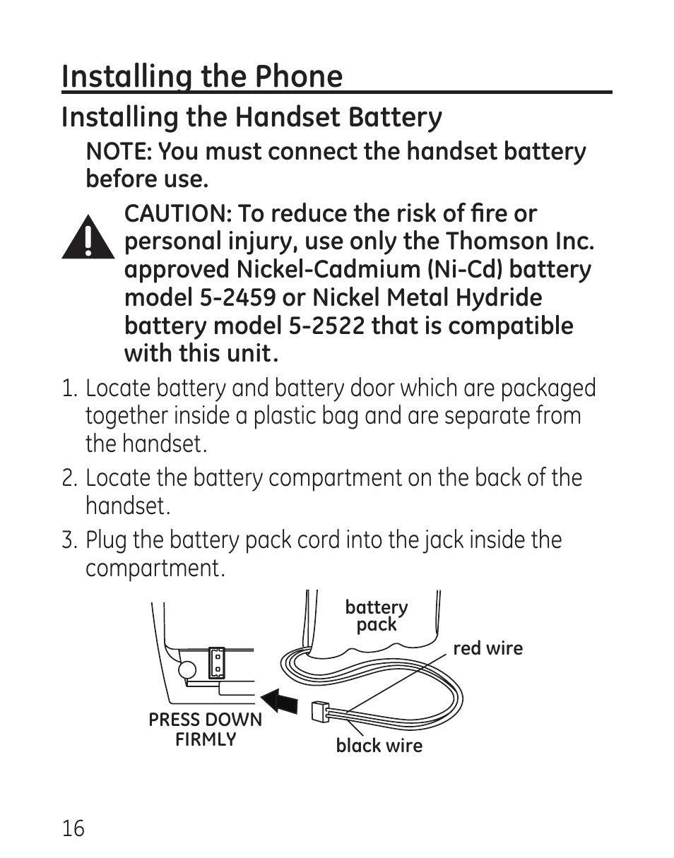 Installing the phone, Installing the handset battery | GE 00016 User Manual | Page 16 / 112