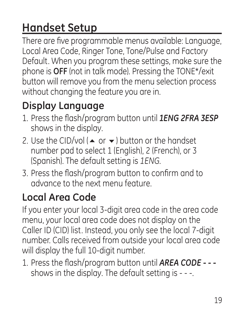 Handset setup, Display language, Local area code | GE 00016 User Manual | Page 19 / 112