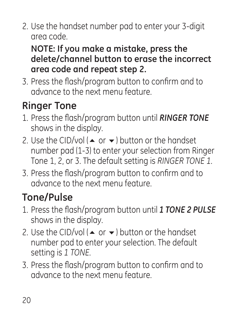 Ringer tone, Tone/pulse | GE 00016 User Manual | Page 20 / 112