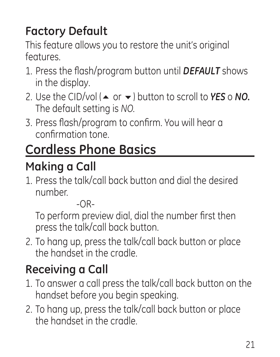 Cordless phone basics | GE 00016 User Manual | Page 21 / 112