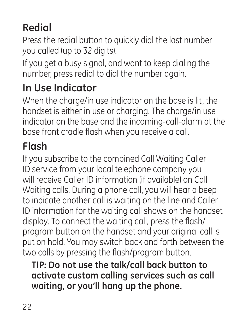 Redial, Flash | GE 00016 User Manual | Page 22 / 112