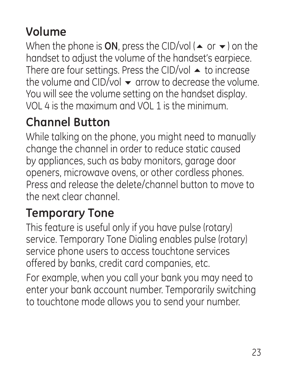 Volume, Channel button, Temporary tone | GE 00016 User Manual | Page 23 / 112