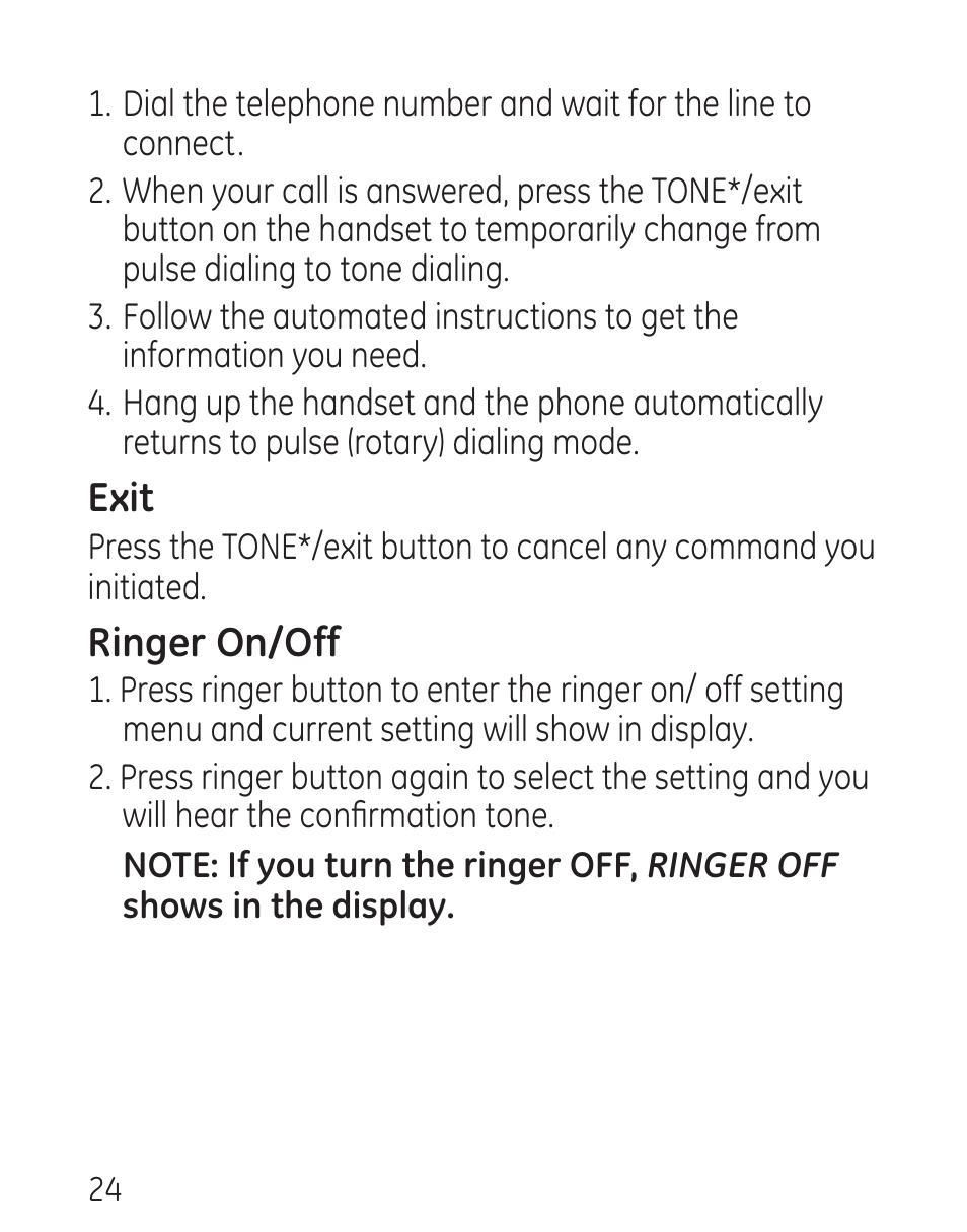 Exit, Ringer on/off | GE 00016 User Manual | Page 24 / 112