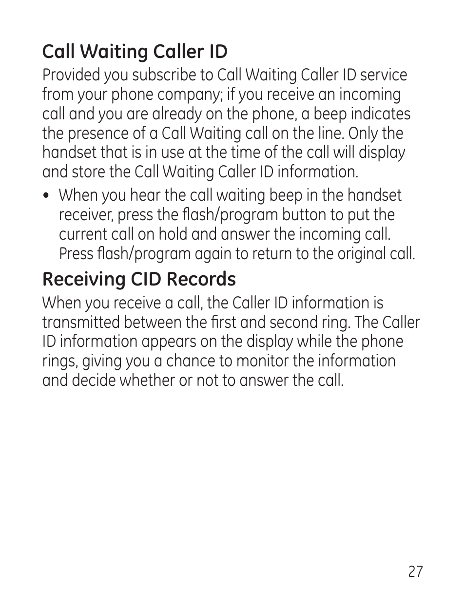 Call waiting caller id, Receiving cid records | GE 00016 User Manual | Page 27 / 112