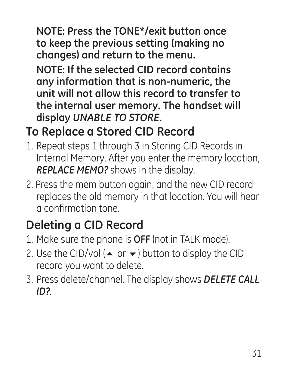 Deleting a cid record | GE 00016 User Manual | Page 31 / 112