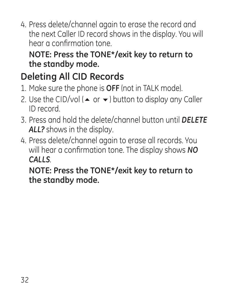 Deleting all cid records | GE 00016 User Manual | Page 32 / 112