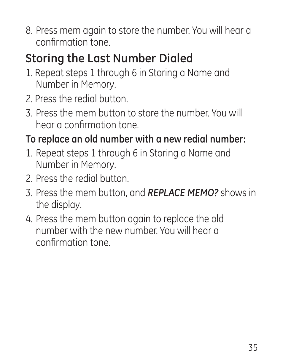 Storing the last number dialed | GE 00016 User Manual | Page 35 / 112