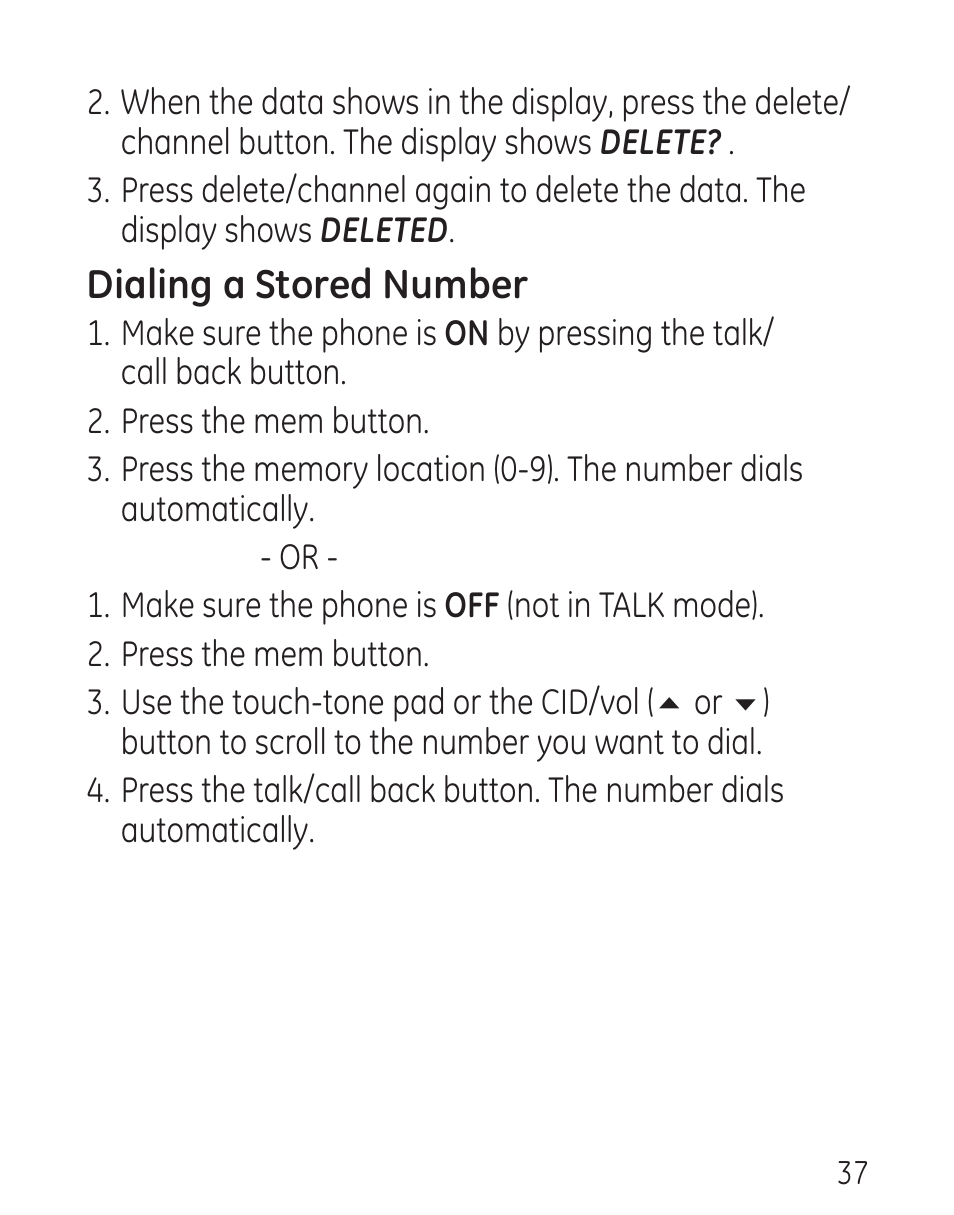 Dialing a stored number | GE 00016 User Manual | Page 37 / 112