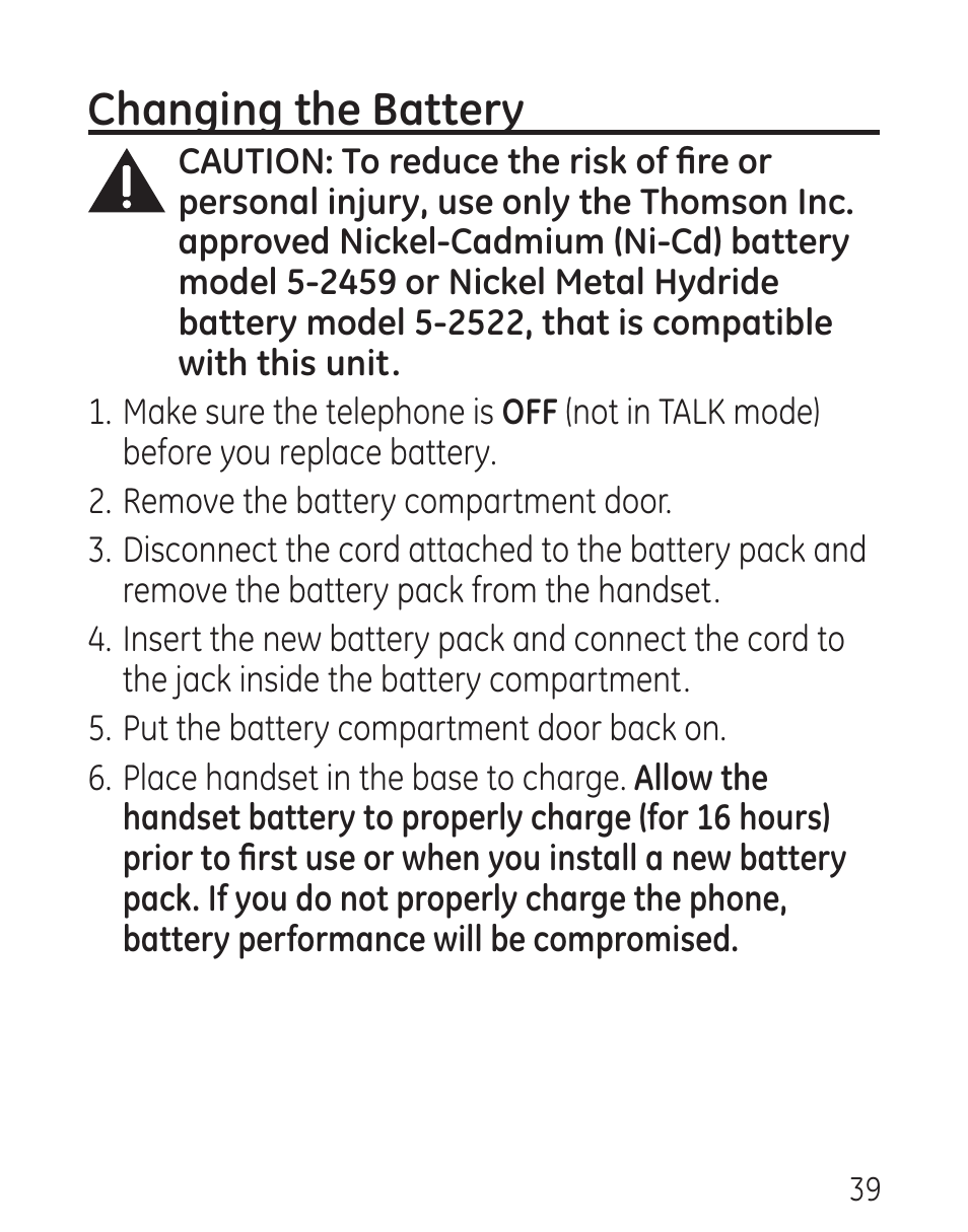 Changing the battery | GE 00016 User Manual | Page 39 / 112