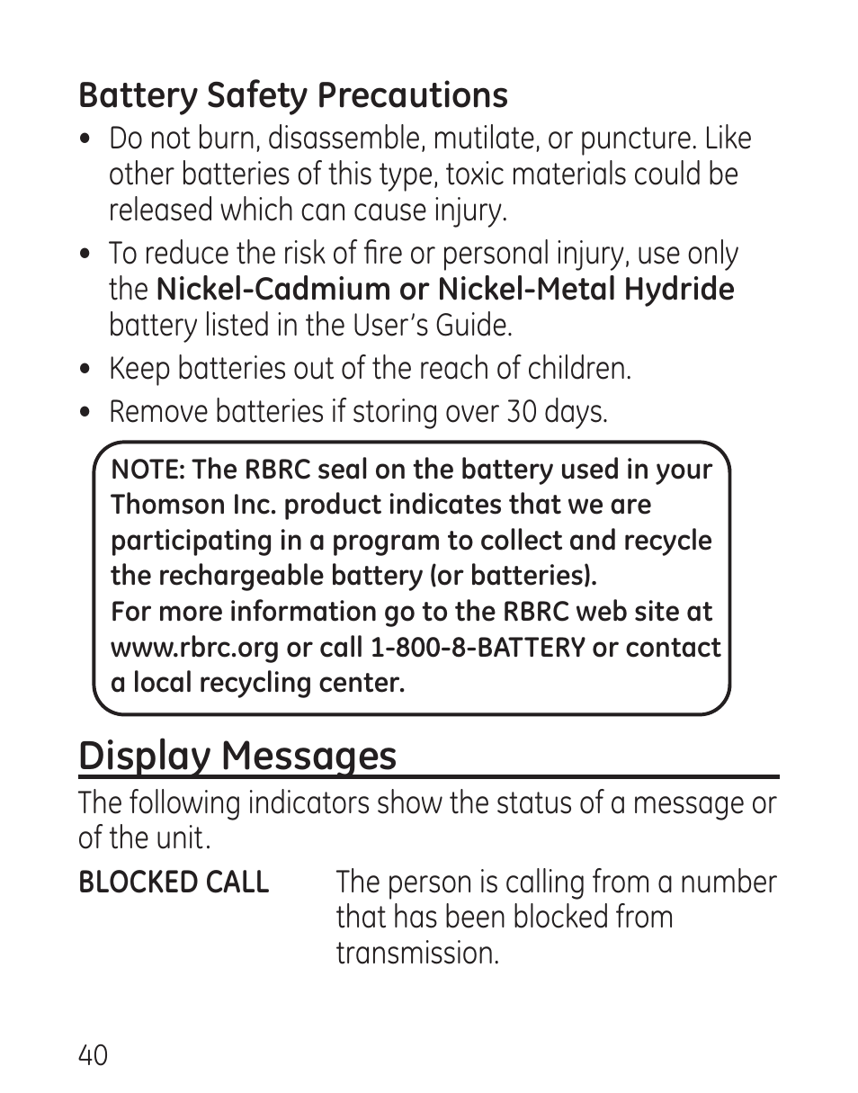 Display messages, Battery safety precautions | GE 00016 User Manual | Page 40 / 112