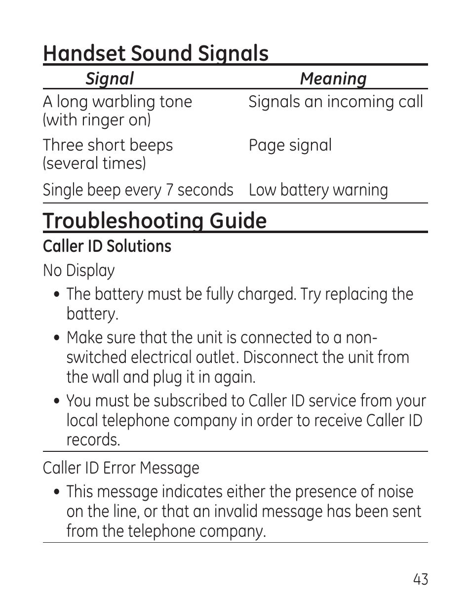 Handset sound signals, Troubleshooting guide | GE 00016 User Manual | Page 43 / 112