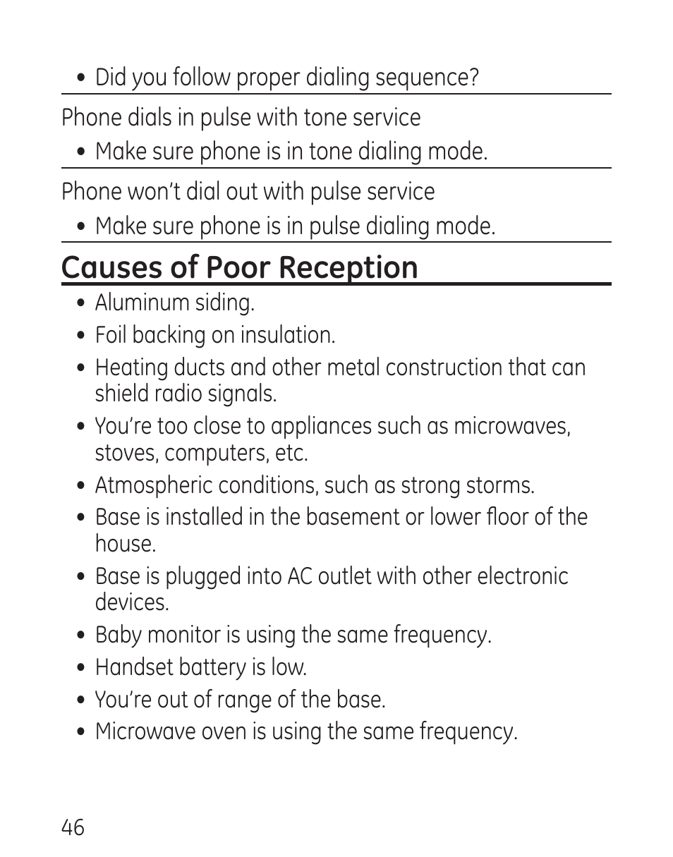 Causes of poor reception | GE 00016 User Manual | Page 46 / 112