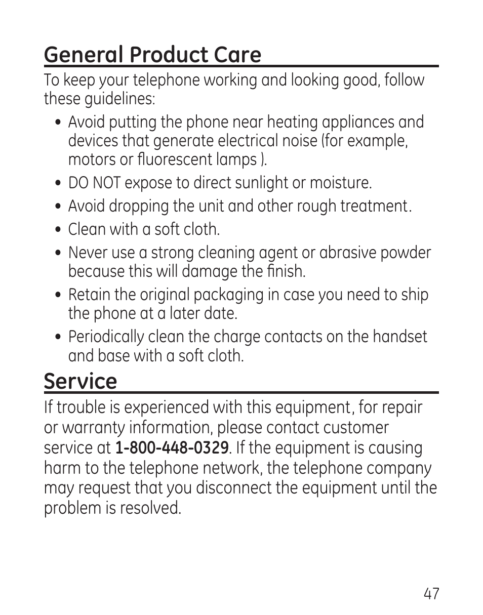 General product care, Service | GE 00016 User Manual | Page 47 / 112