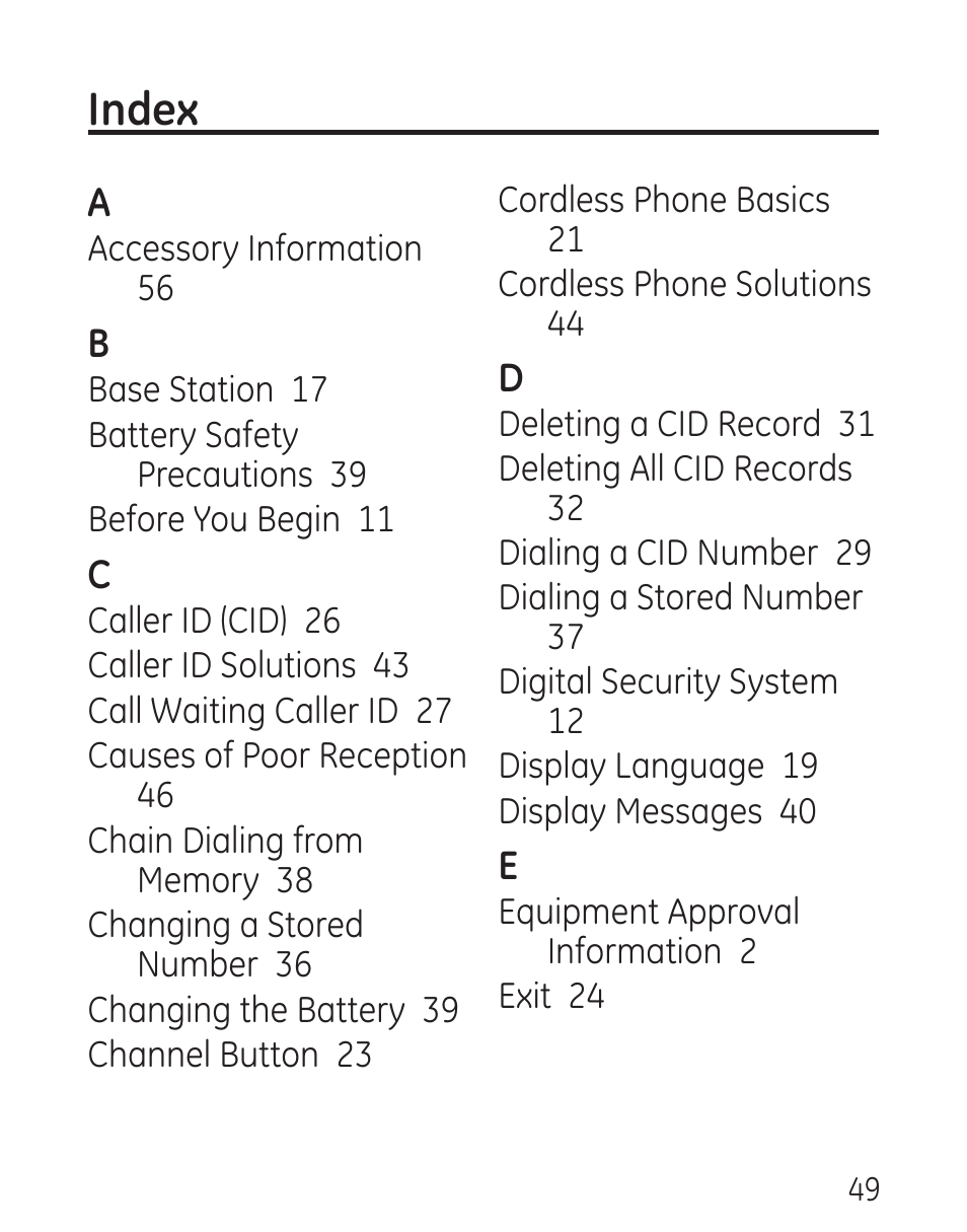 Index | GE 00016 User Manual | Page 49 / 112