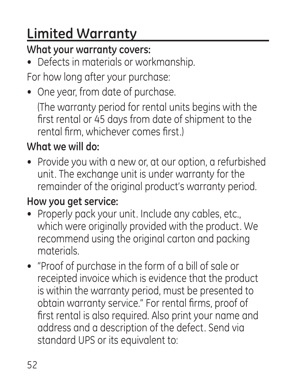 Limited warranty | GE 00016 User Manual | Page 52 / 112