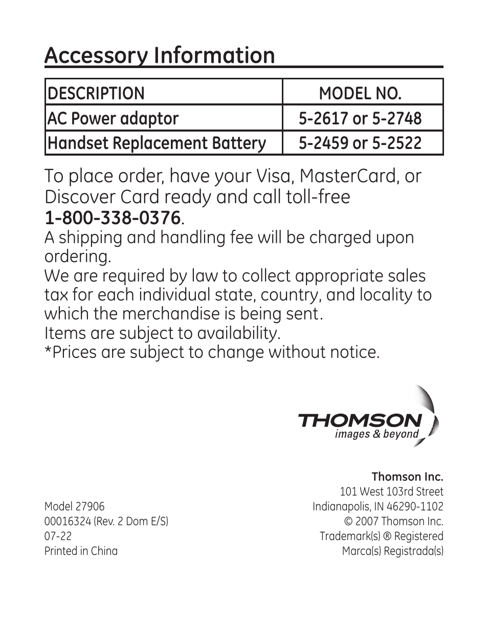 Accessory information | GE 00016 User Manual | Page 56 / 112