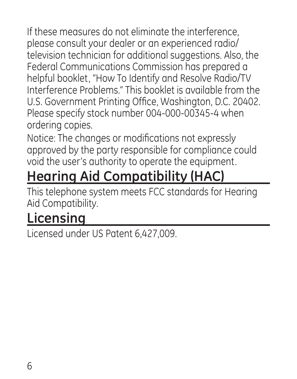 Hearing aid compatibility (hac), Licensing | GE 00016 User Manual | Page 6 / 112