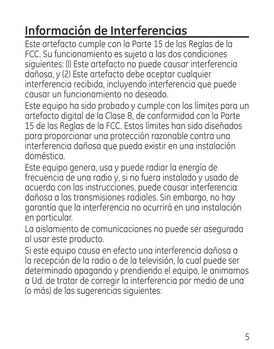 Información de interferencias | GE 00016 User Manual | Page 61 / 112