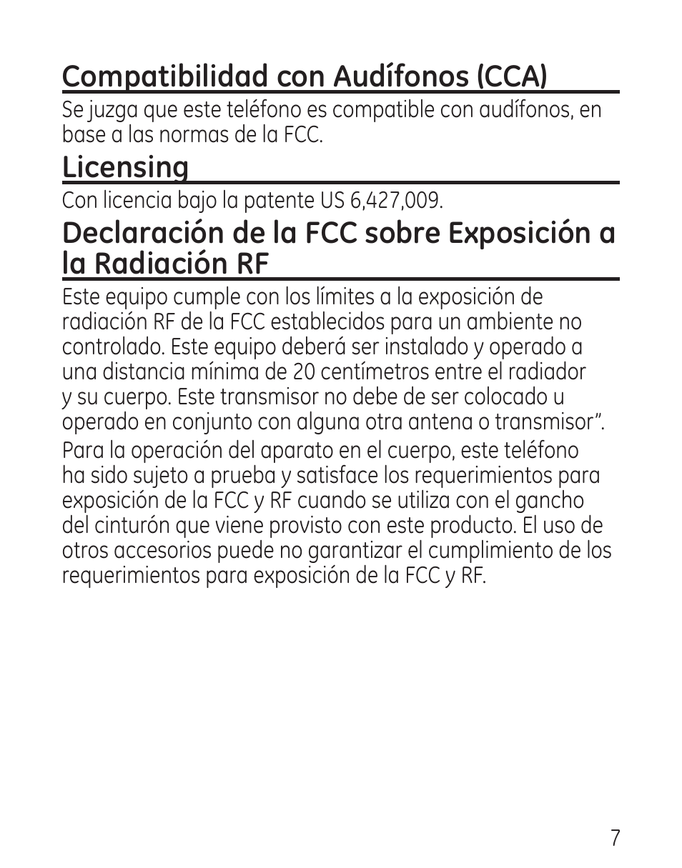 Compatibilidad con audífonos (cca), Licensing | GE 00016 User Manual | Page 63 / 112