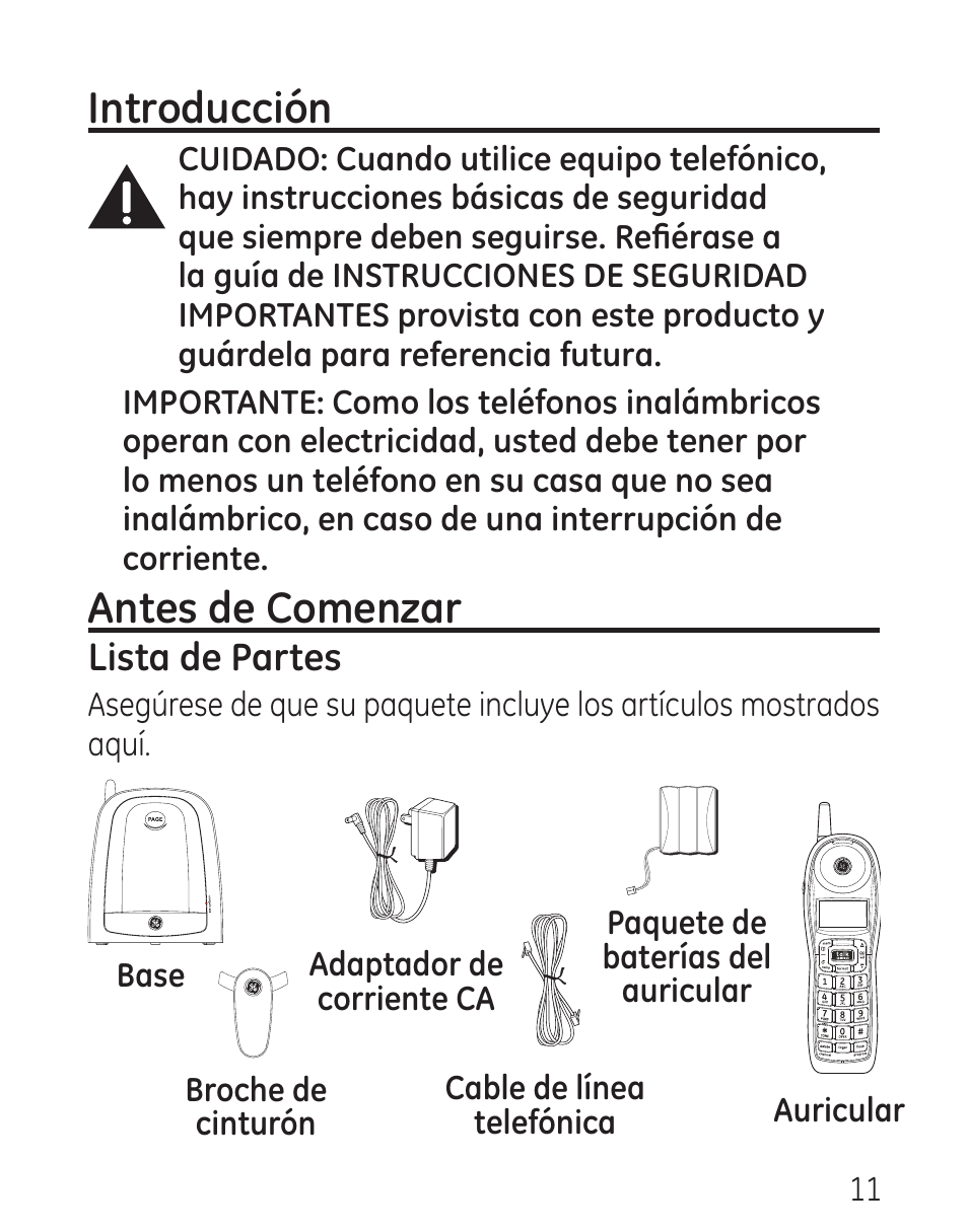 Introducción, Antes de comenzar, Lista de partes | GE 00016 User Manual | Page 67 / 112